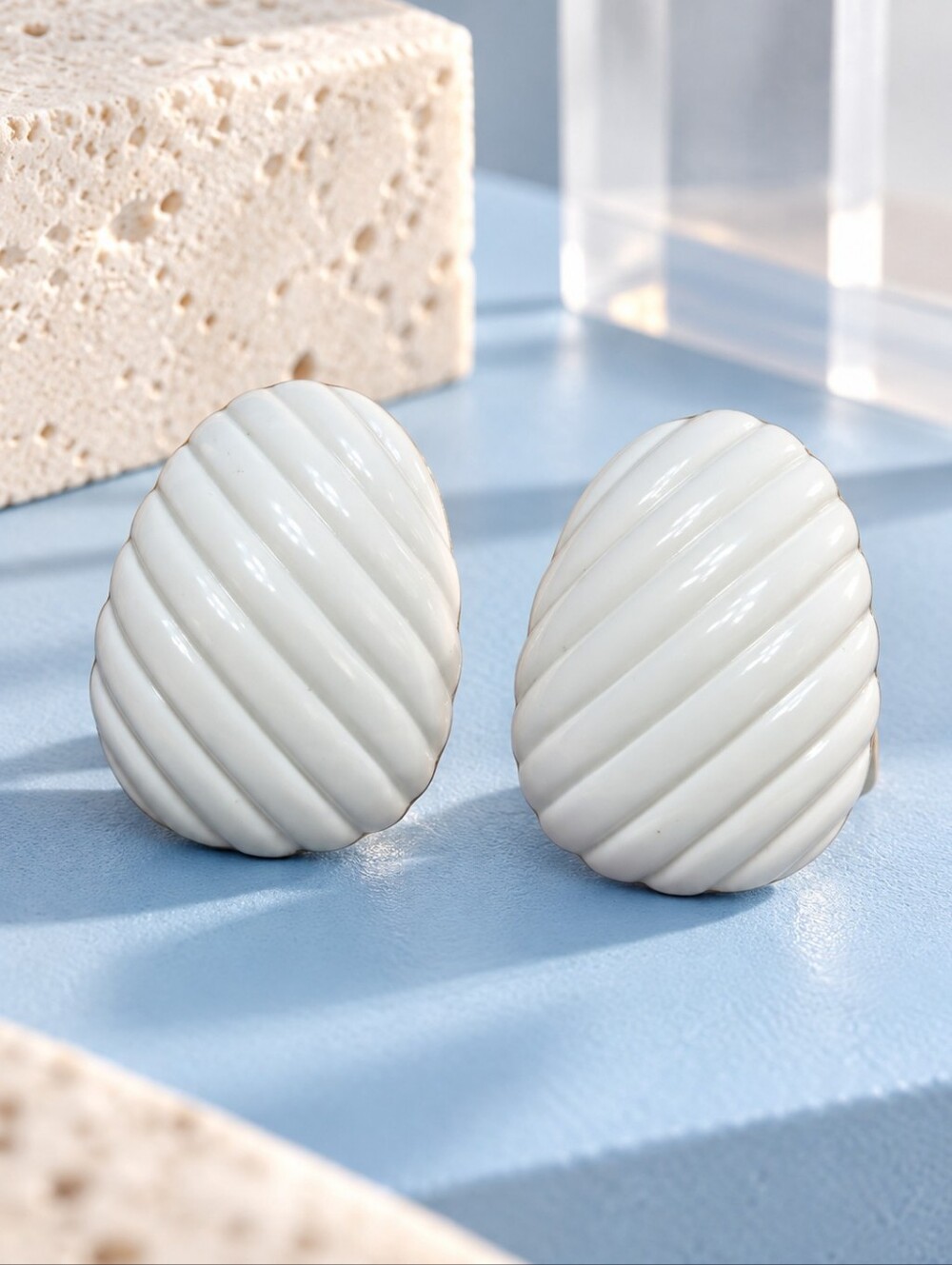 Vintage Crown Trifari White Enamel Ribbed Clip-On Earrings 1980s